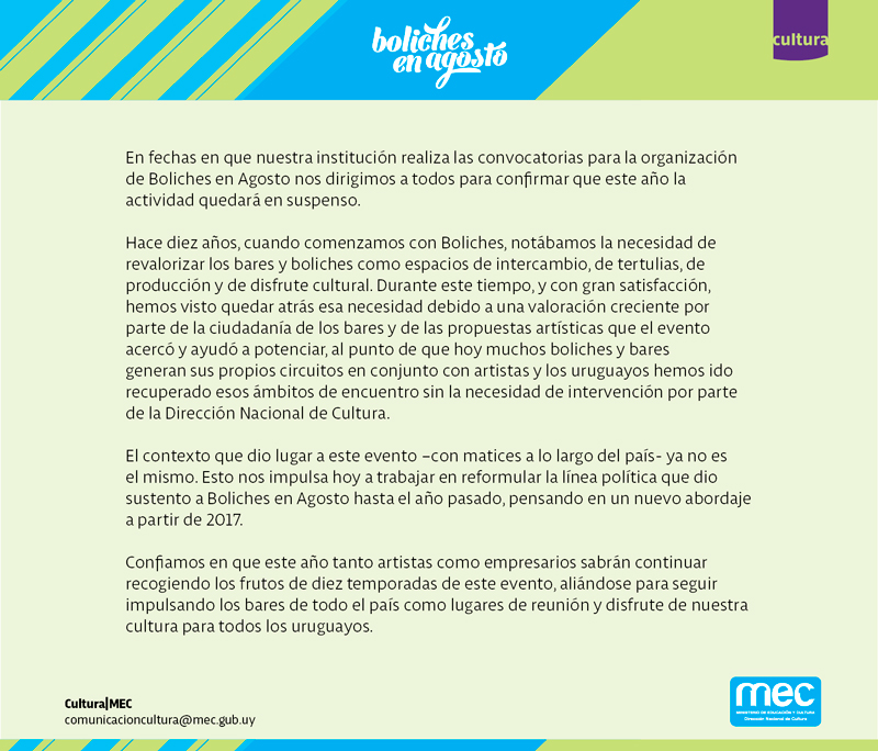 Comunicado Boliches en Agosto 2016